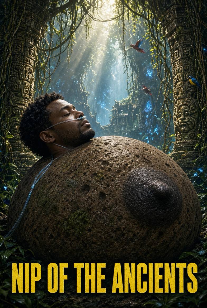 Nip of the Ancients: a sleeping explorer resting his head on an ancient planet-like mound in a jungle temple
