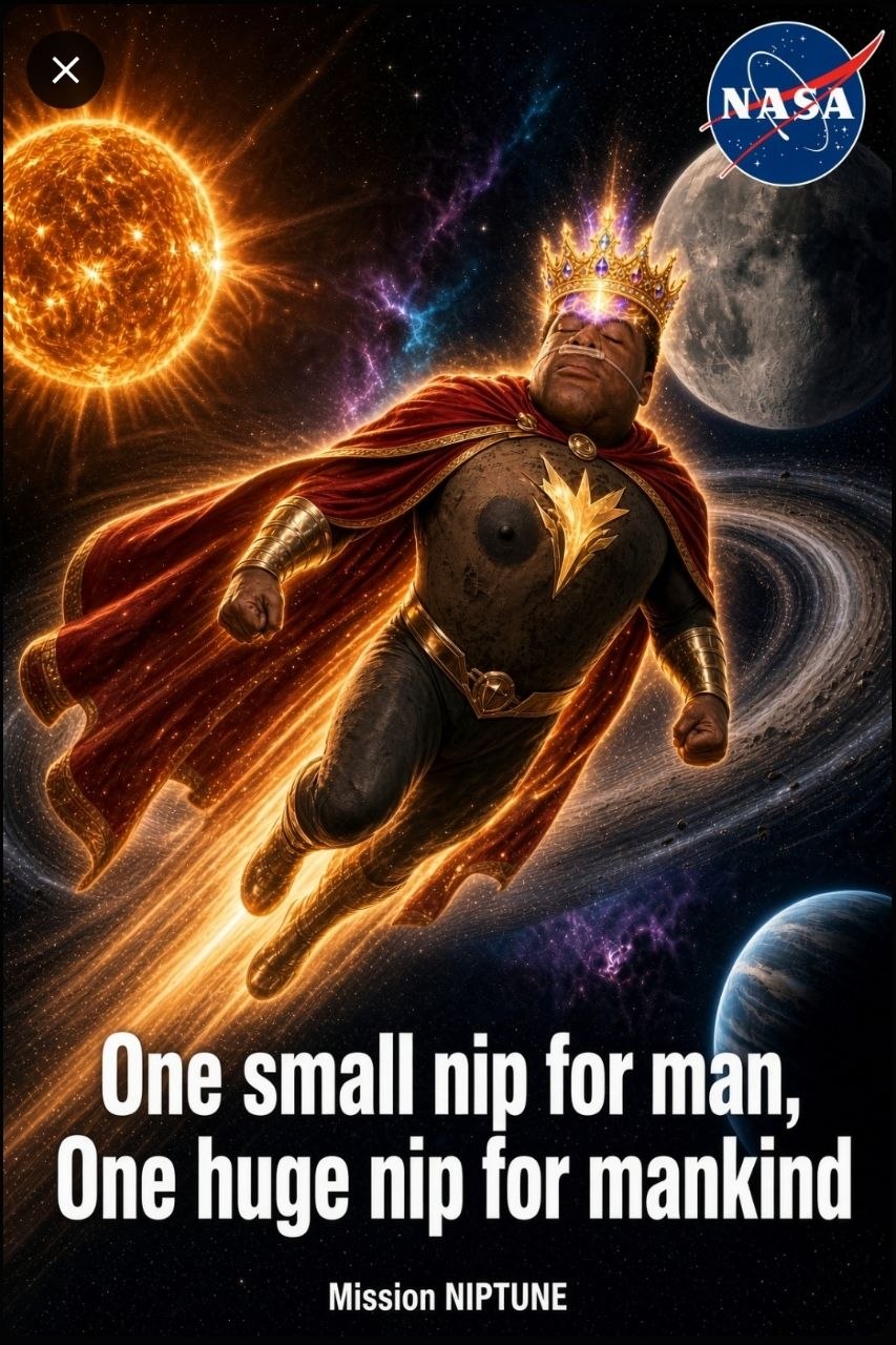 Mission poster: a caped figure flying through space with the caption One small nip for man, one huge nip for mankind